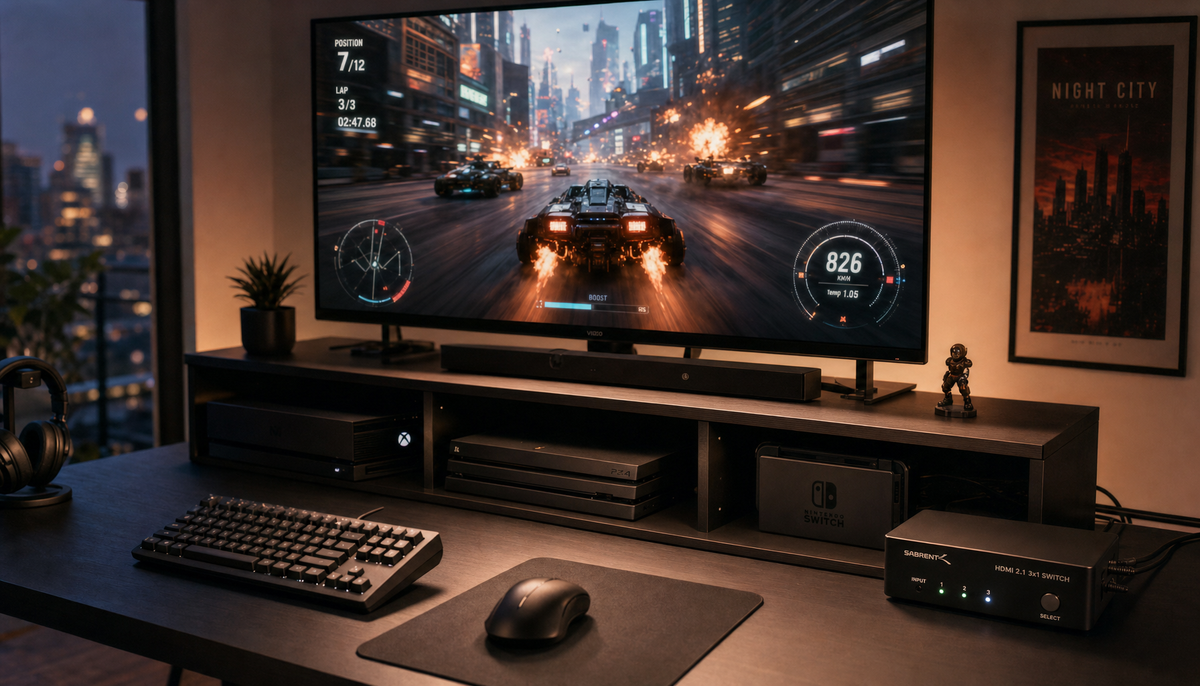 Gaming desk setup with smart display connected to multiple consoles via an HDMI switch