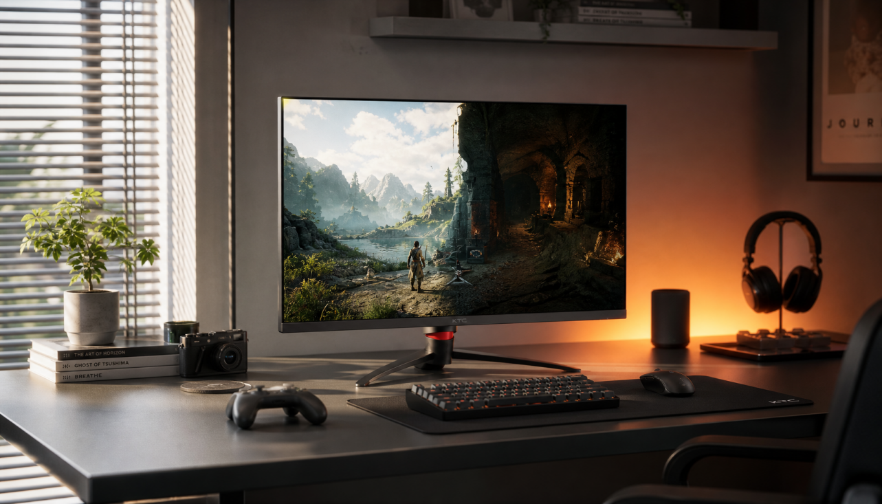 Gaming desk with a 27-inch monitor showing an HDR game scene, split between a bright daylit room and a dark room with bias lighting