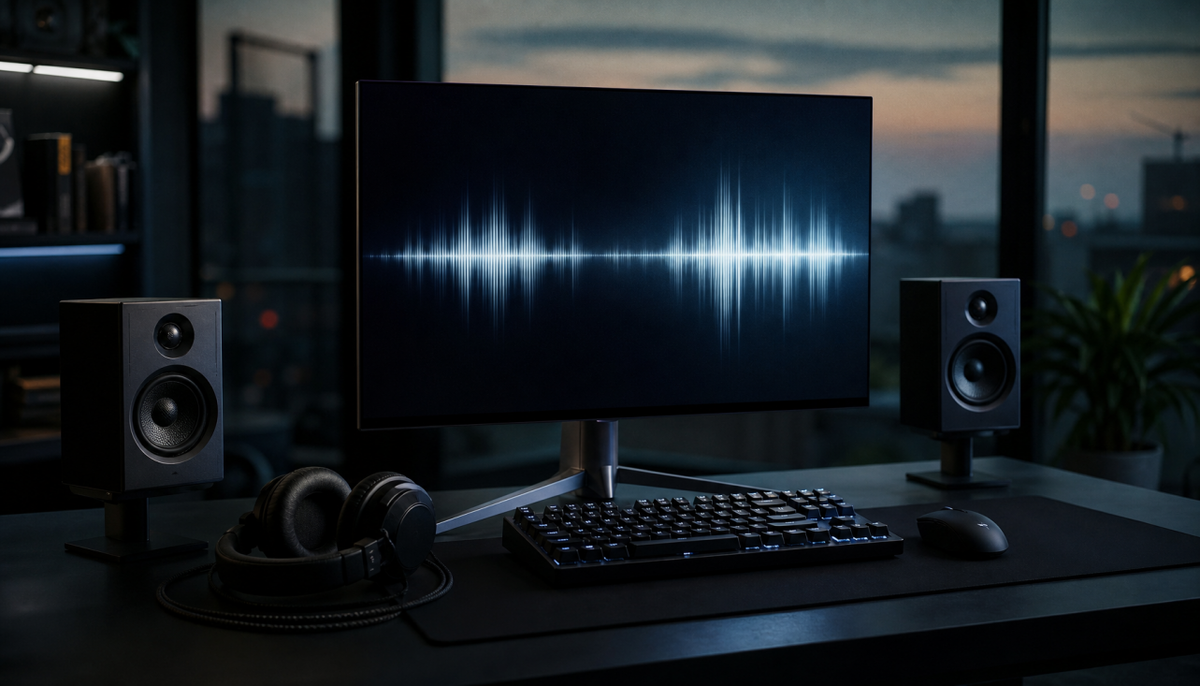 Gaming desk with monitor, wired headset, and separate speakers showing a clean audio setup