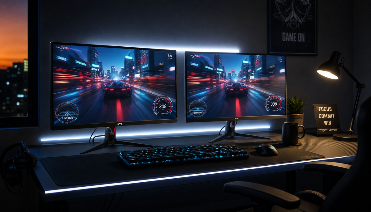Gaming desk with two monitors connected via DisplayPort and HDMI cables showing the same game at high refresh rate
