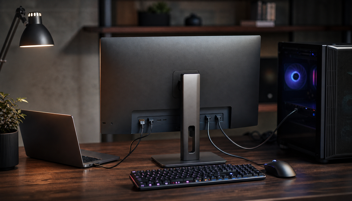 Gaming monitor acting as KVM hub on a dual-computer desk with mechanical keyboard and gaming mouse connected via USB