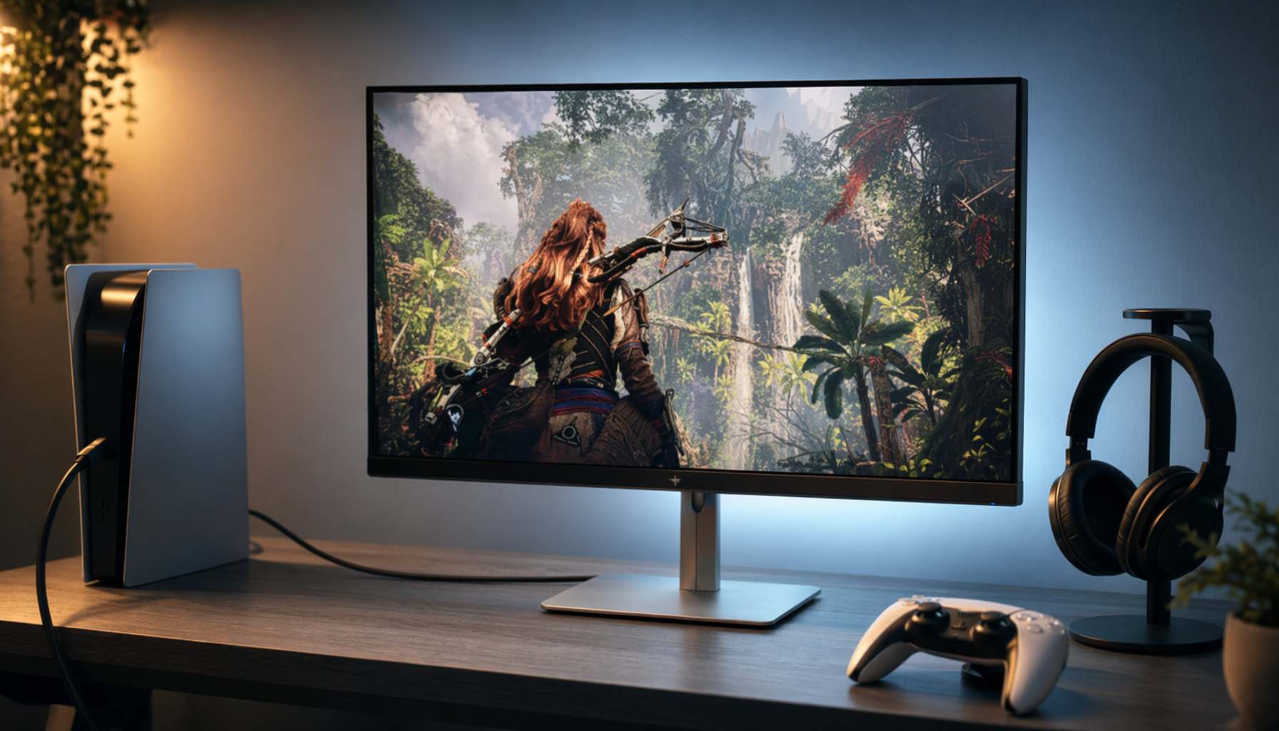 Gaming monitor and console connected via HDMI for console VRR setup on a clean gaming desk