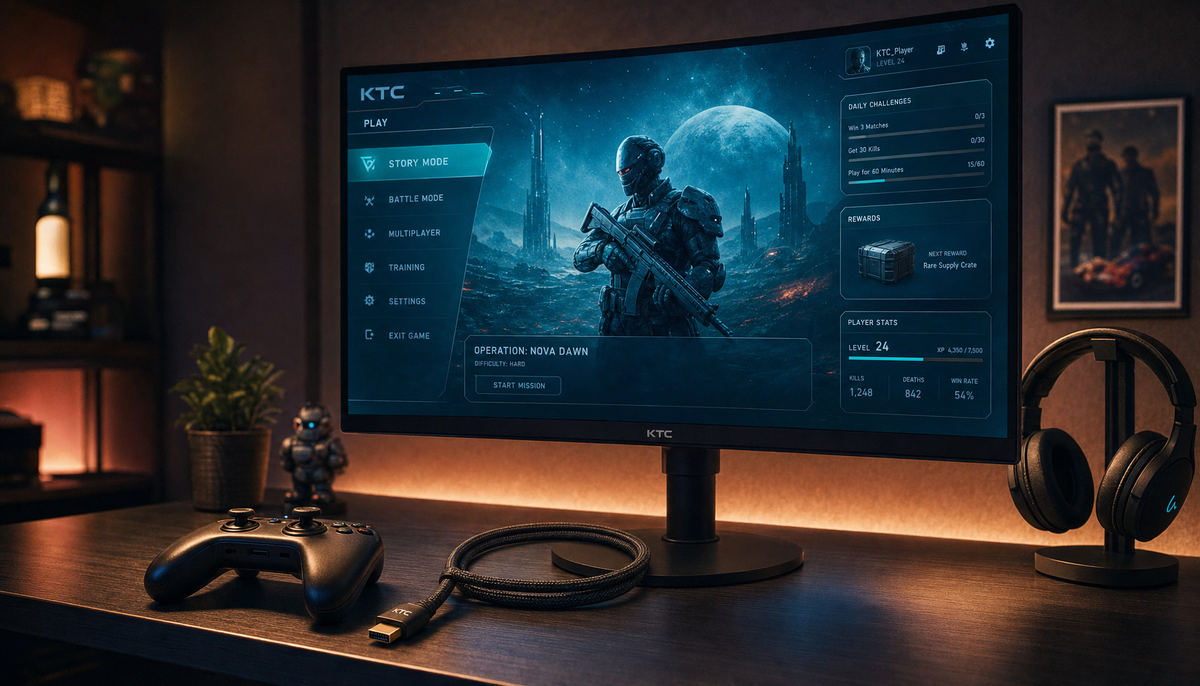 Gaming monitor and console controller on a desk with an HDMI cable, illustrating the VRR signal path for console audio sync