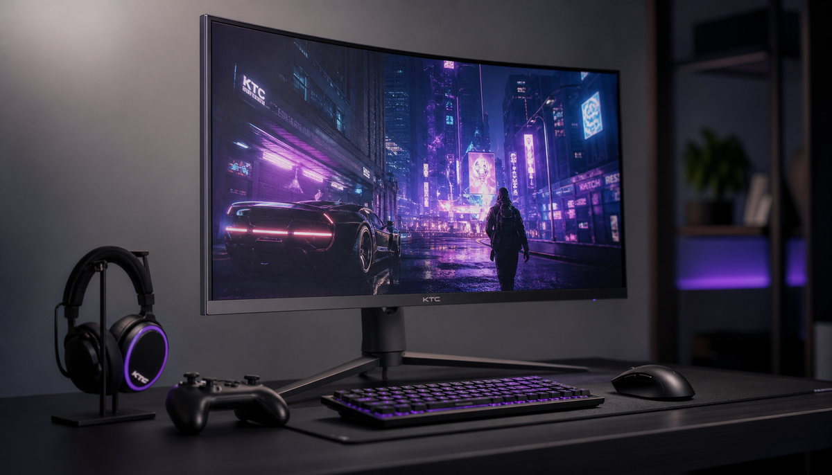 Gaming monitor at a desk showing visible pixel grid up close and sharp display at normal viewing distance