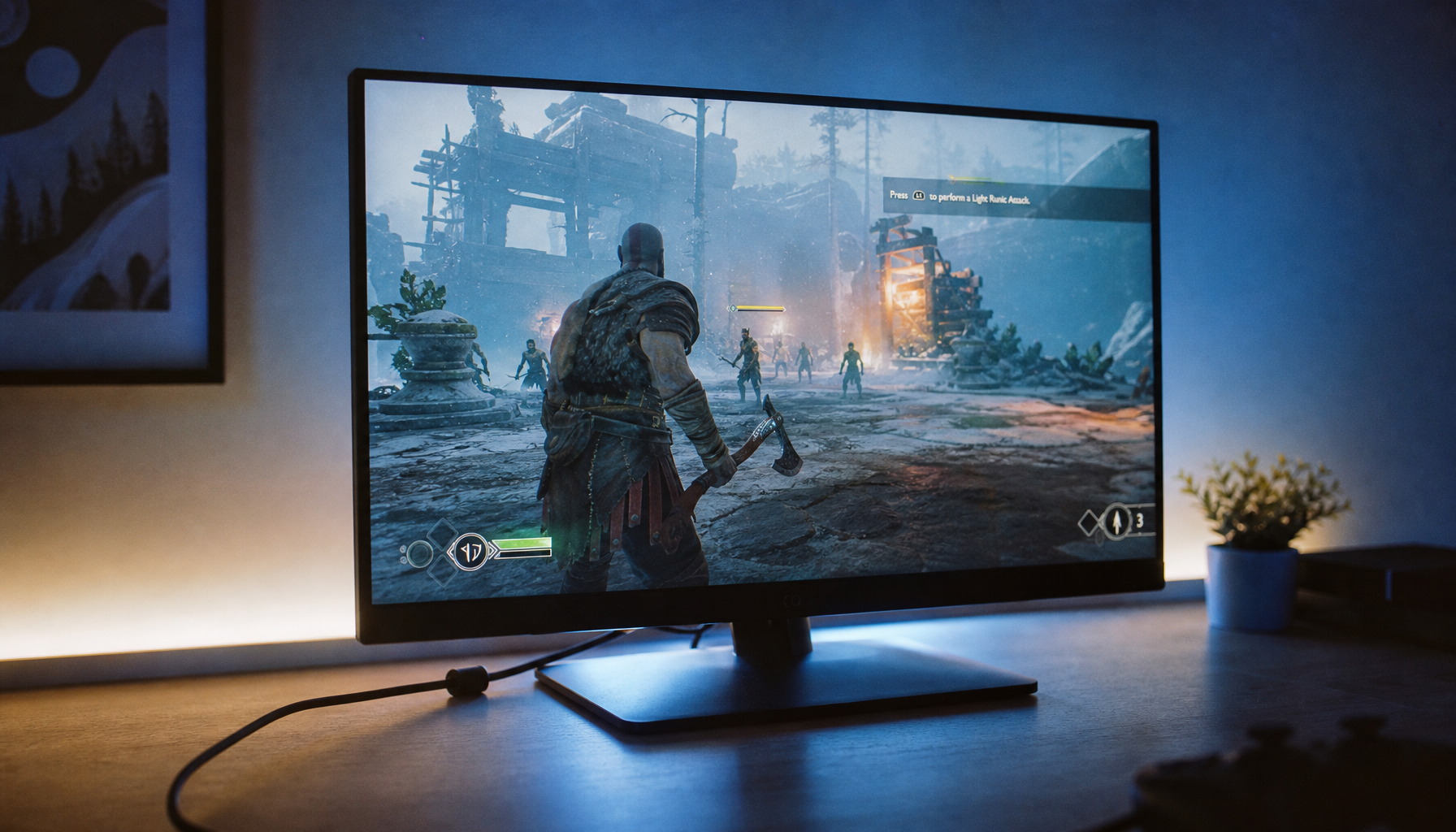 Gaming monitor connected to a console via HDMI cable displaying smooth gameplay with VRR enabled