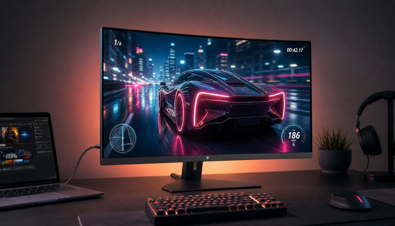 Gaming monitor connected via USB-C cable to a laptop showing adaptive sync display setup on a clean desk
