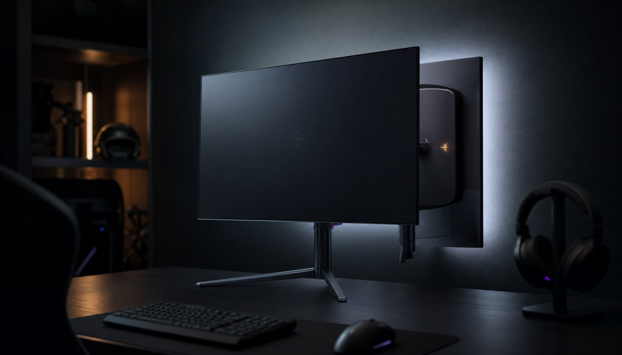 Gaming monitor dimming into standby mode on a dark gaming desk, showing the moment input lag risk begins during sleep transitions