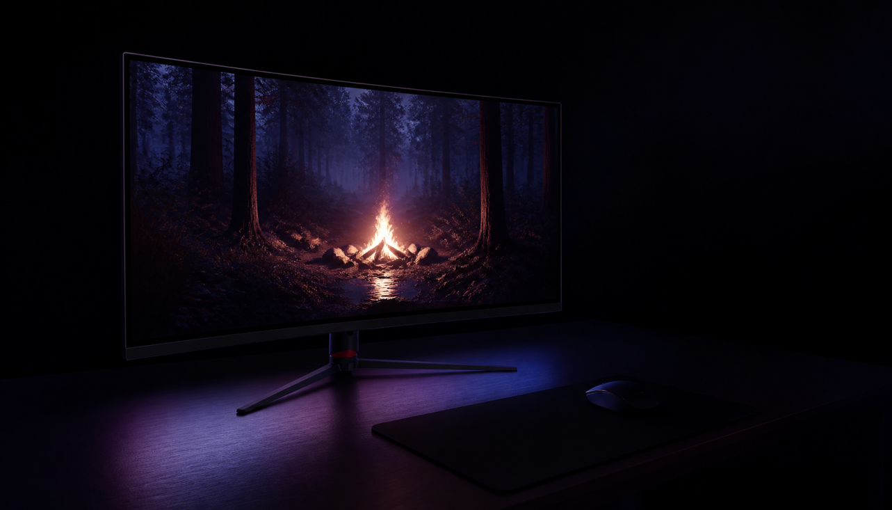 Gaming monitor displaying HDR content with deep black levels and vivid highlights in a dark room