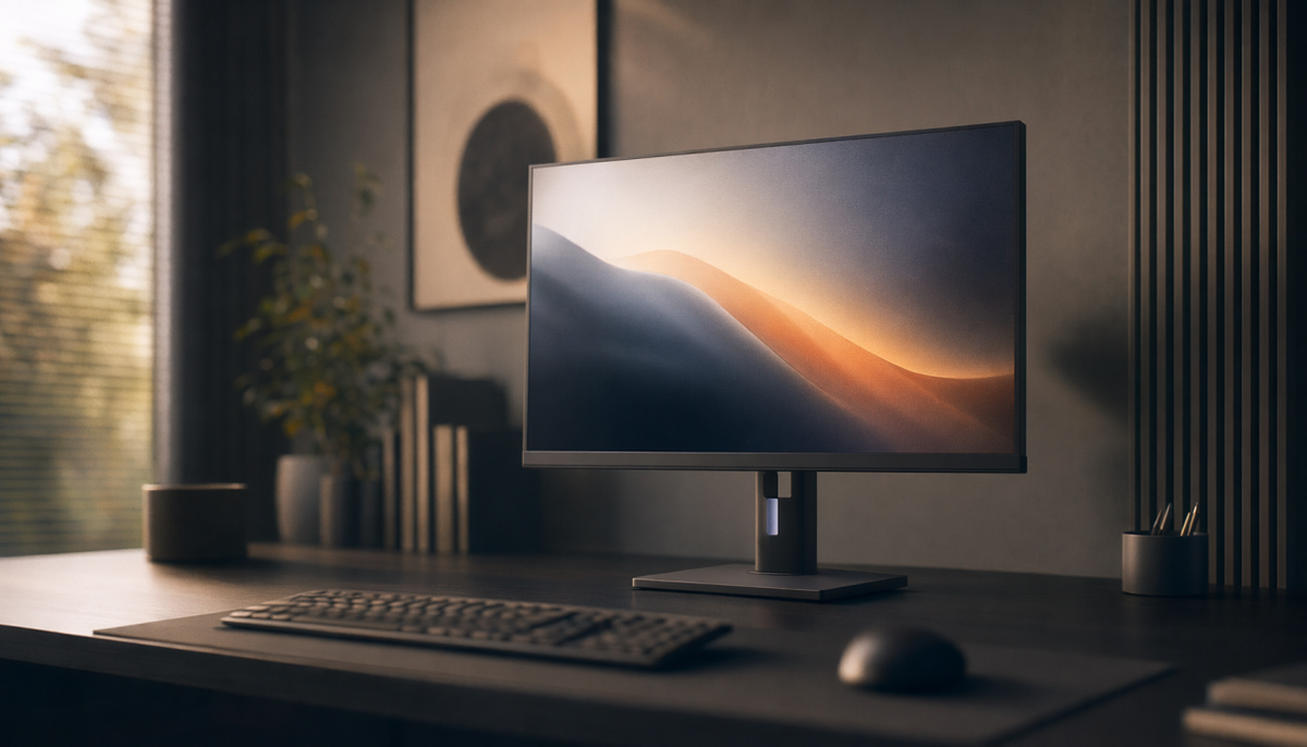 Gaming monitor displaying a calm wallpaper at comfortable mid-brightness on a dark desk in a softly lit room