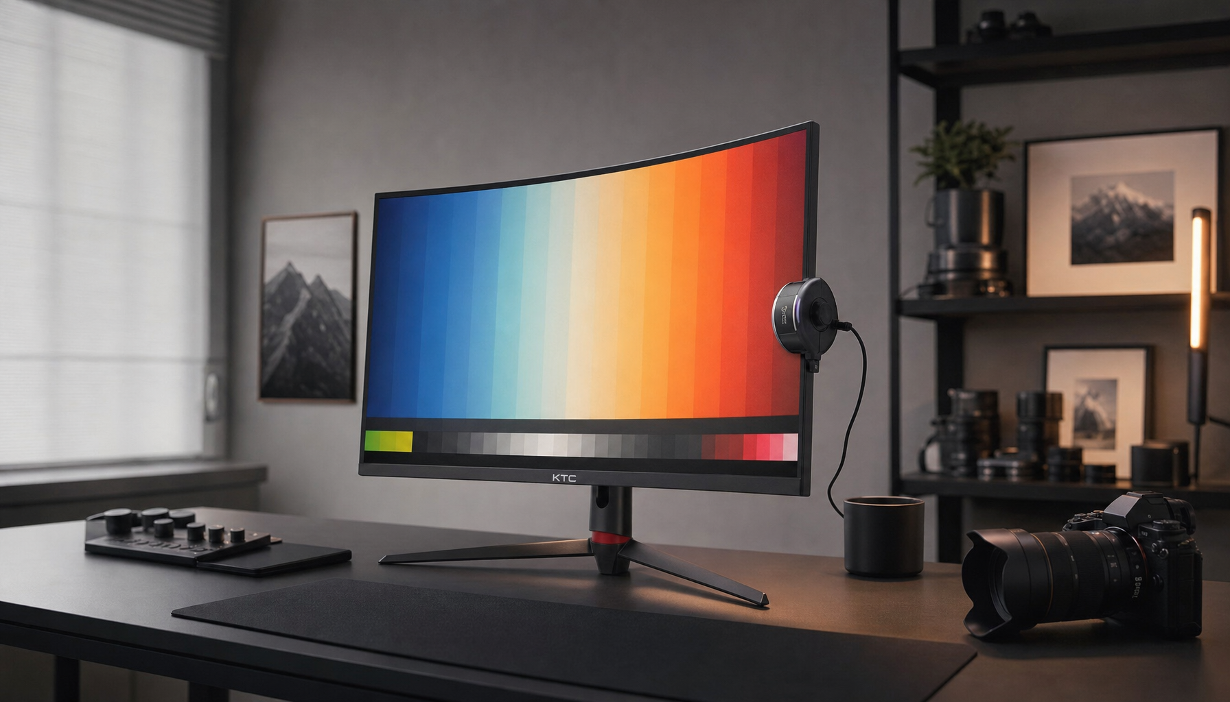 Gaming monitor displaying a color calibration test pattern with a colorimeter probe attached to the screen