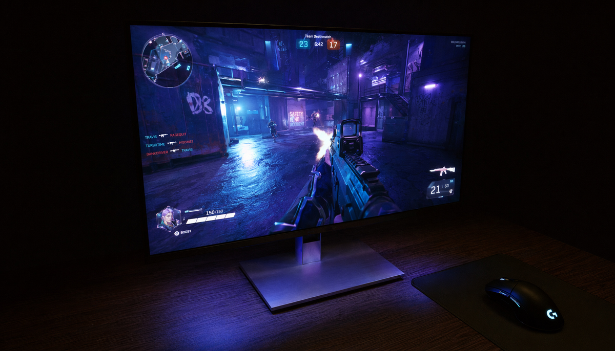 Gaming monitor displaying a competitive FPS game, glowing in a dark room with a gaming mouse on a desk