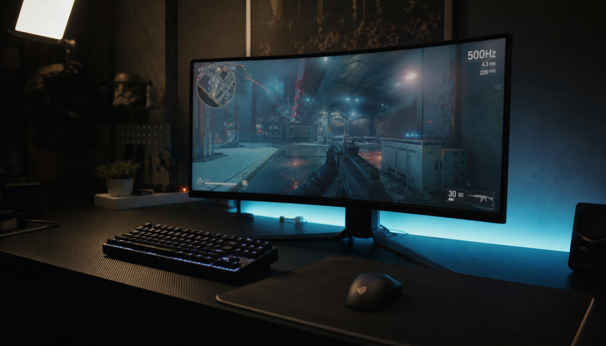 Gaming monitor displaying a competitive shooter at 500Hz refresh rate on a dark esports battlestation desk
