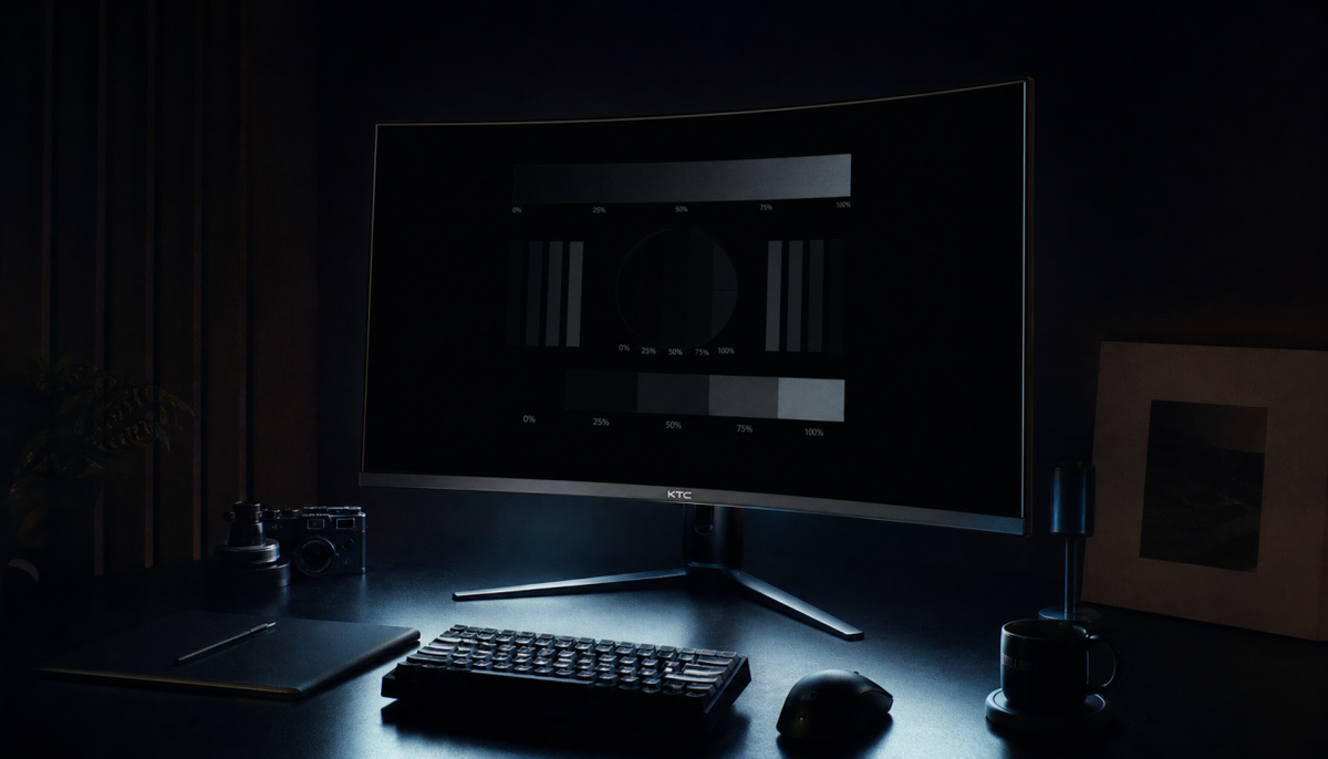 Gaming monitor displaying a dark game scene with deep black levels in a dim room, illustrating black level stability