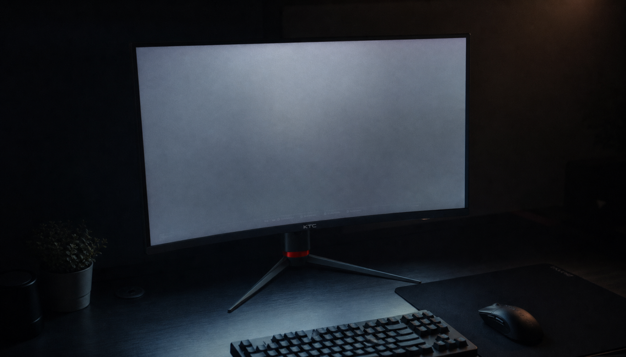 Gaming monitor displaying a dark gray screen with faint image retention visible, illustrating black level retention in display panels