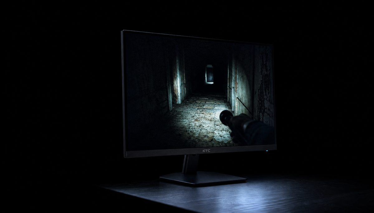Gaming monitor displaying a dark horror game corridor in a pitch-black room, demonstrating deep black level performance