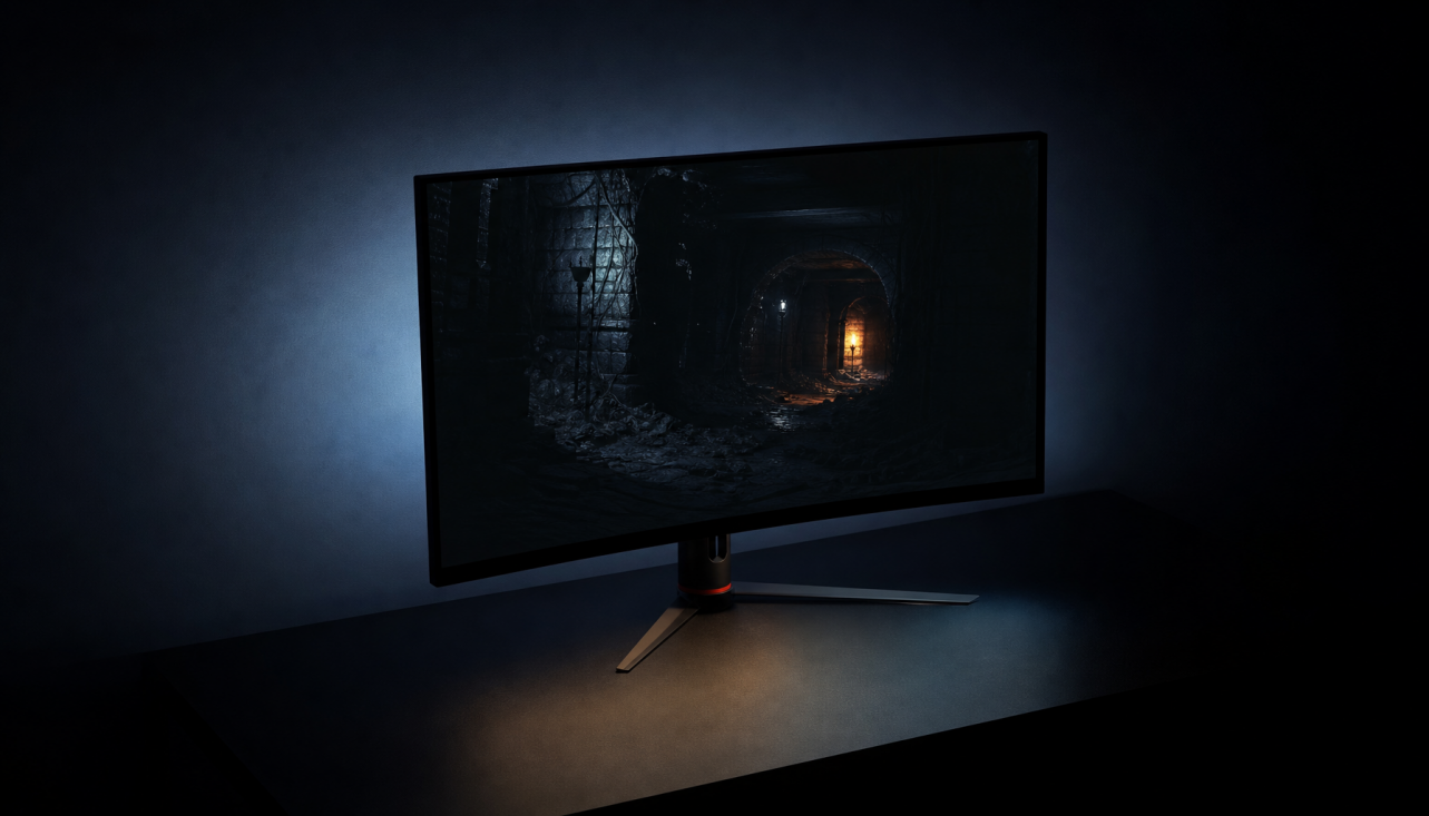 Gaming monitor displaying a dark scene in a dim room, illustrating how black levels appear at different refresh rates