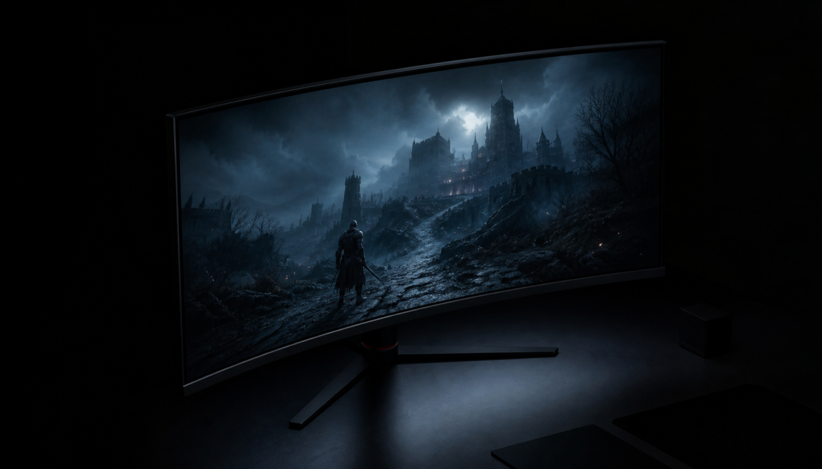 Gaming monitor displaying a dark scene in a dim room, illustrating how black level performance changes during extended use
