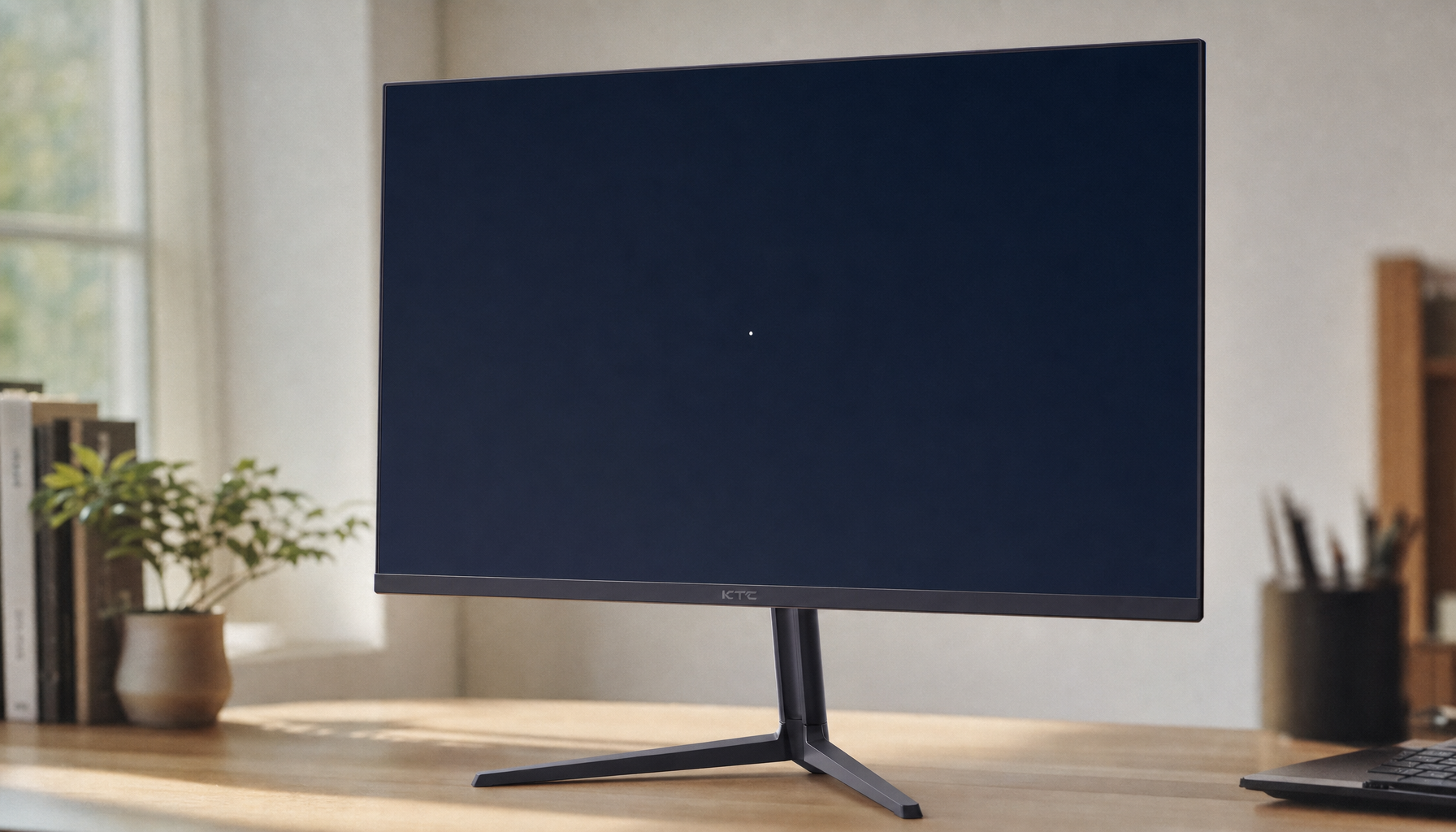 Gaming monitor displaying a dark screen with a single bright dead pixel near the center
