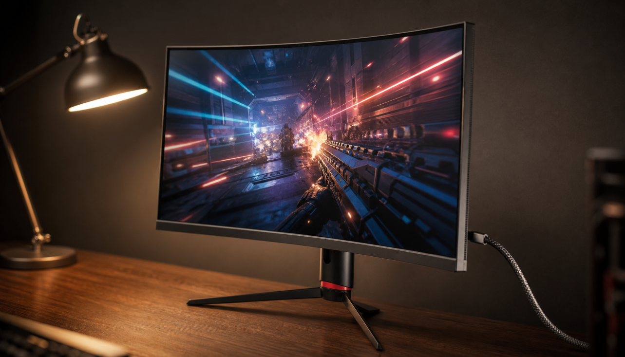 Gaming monitor displaying a fast-action FPS scene with an HDMI cable connected, illustrating motion blur reduction setup