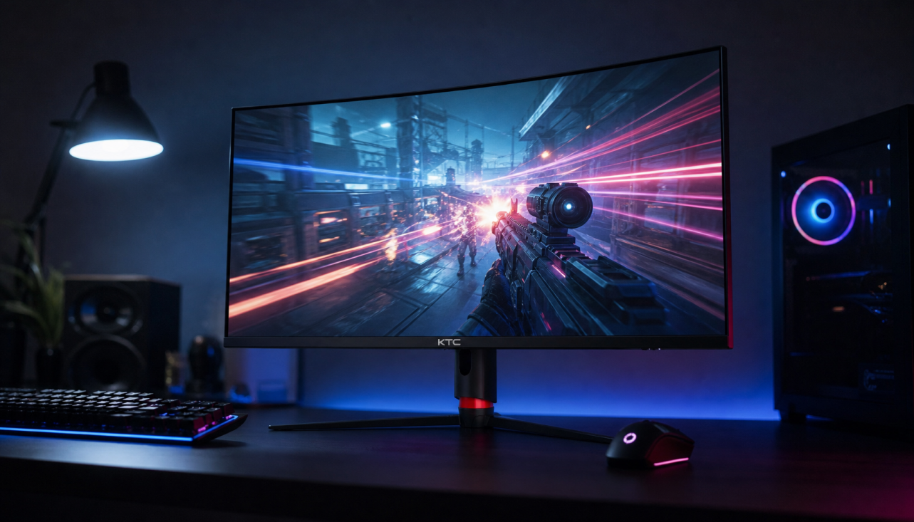 Gaming monitor displaying a fast-paced FPS scene, illustrating response time differences between Fast IPS and VA panels