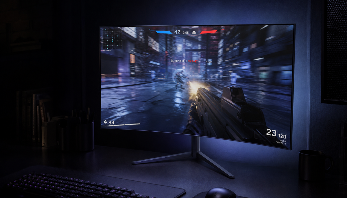 Gaming monitor displaying a fast-paced game at high refresh rate in a dark gaming room