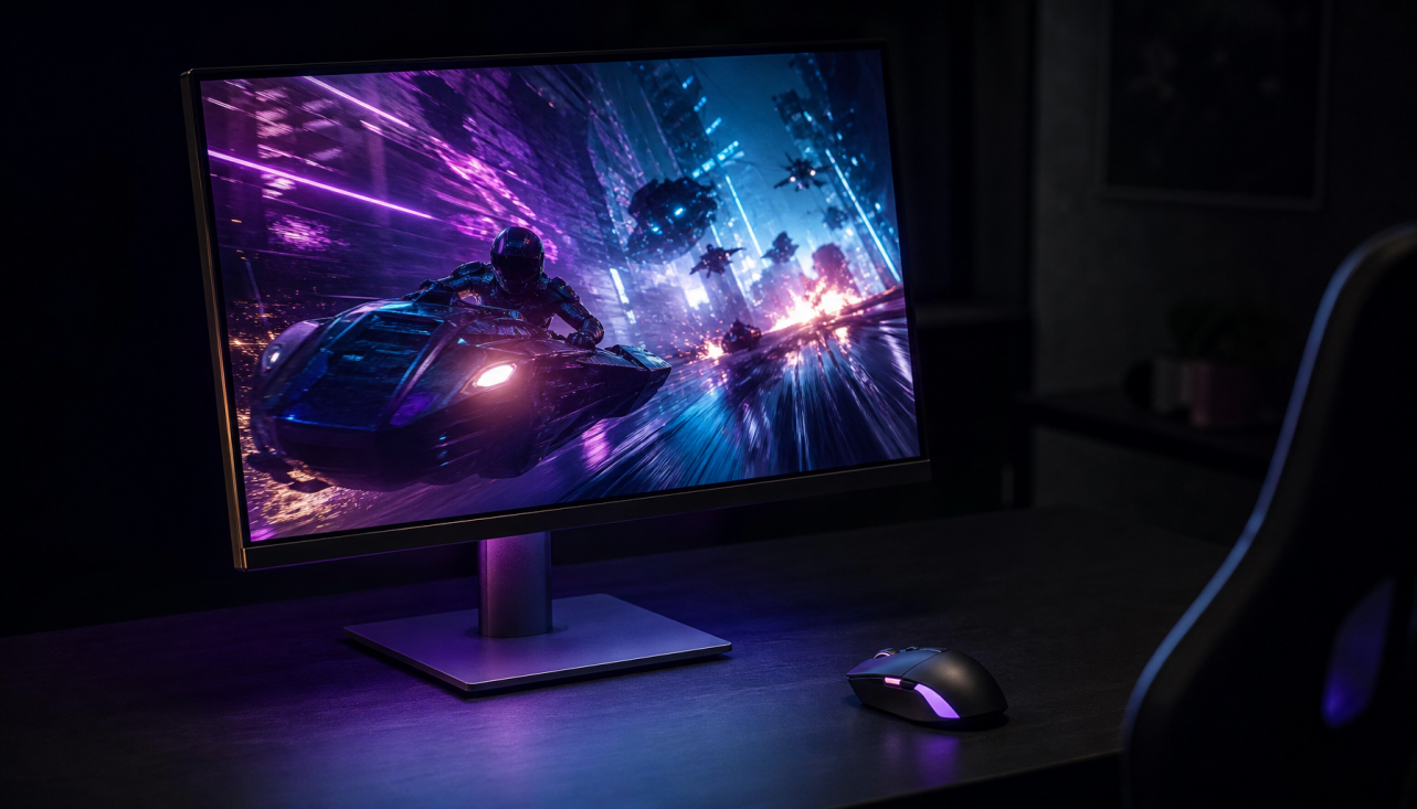 Gaming monitor displaying a fast-paced game scene in a dim room, illustrating how refresh rate and pixel response affect perceived smoothness