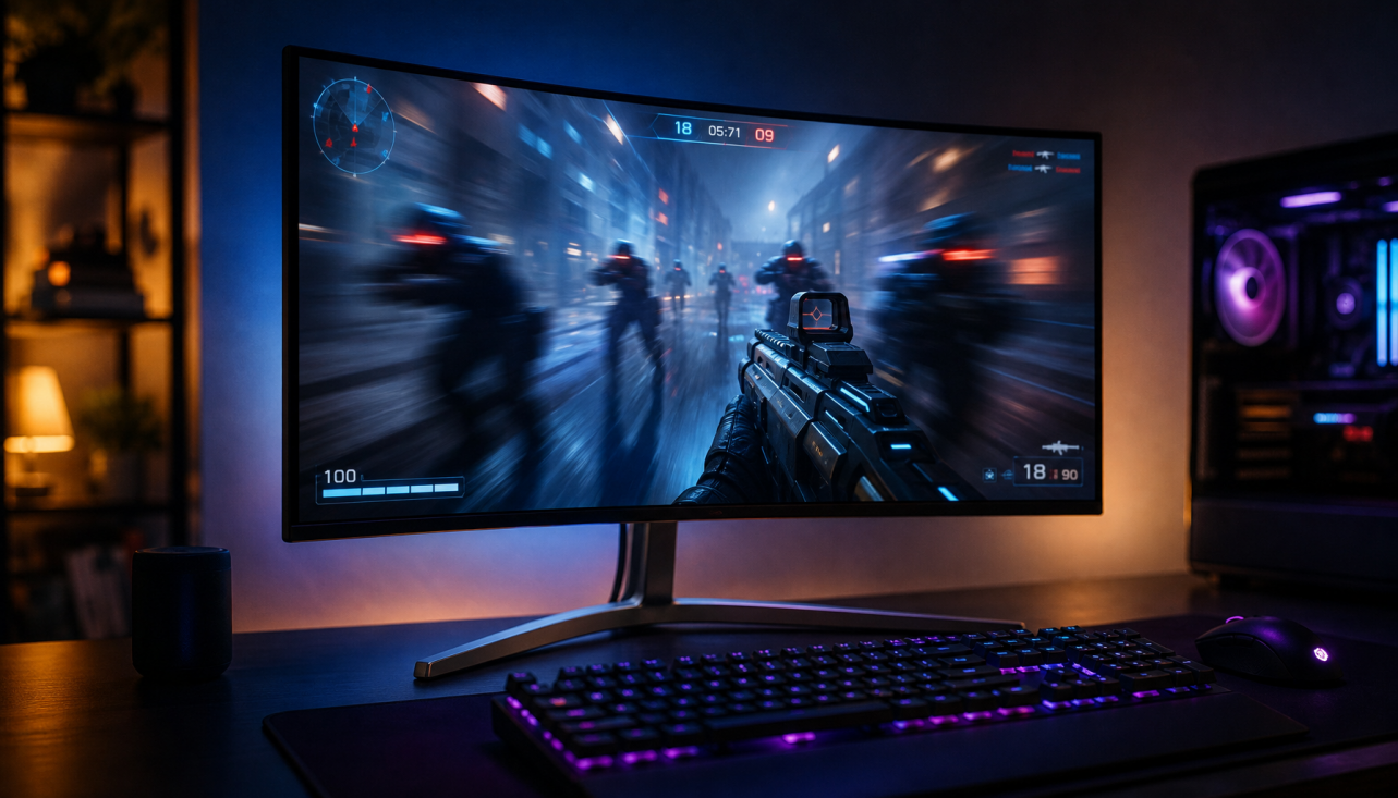 Gaming monitor displaying a fast-paced shooter with motion blur visible on screen, illustrating the difference between refresh rate clarity and resolution sharpness