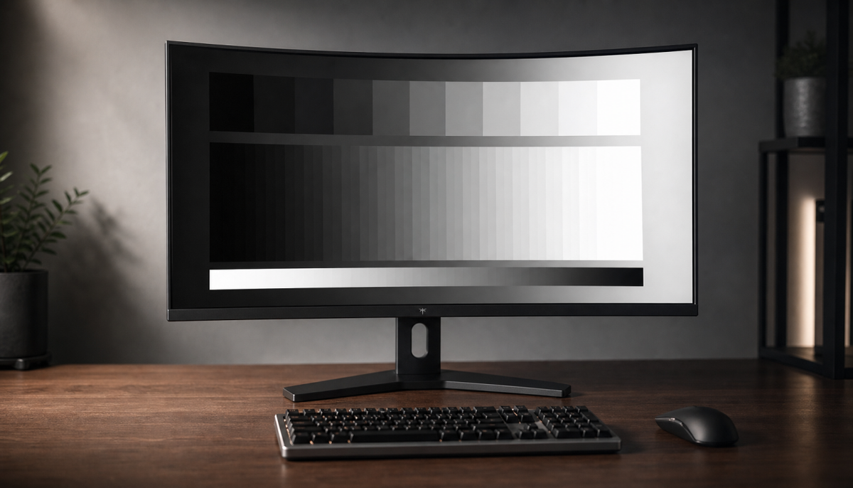 Gaming monitor displaying a grayscale calibration test pattern on a minimal desk setup