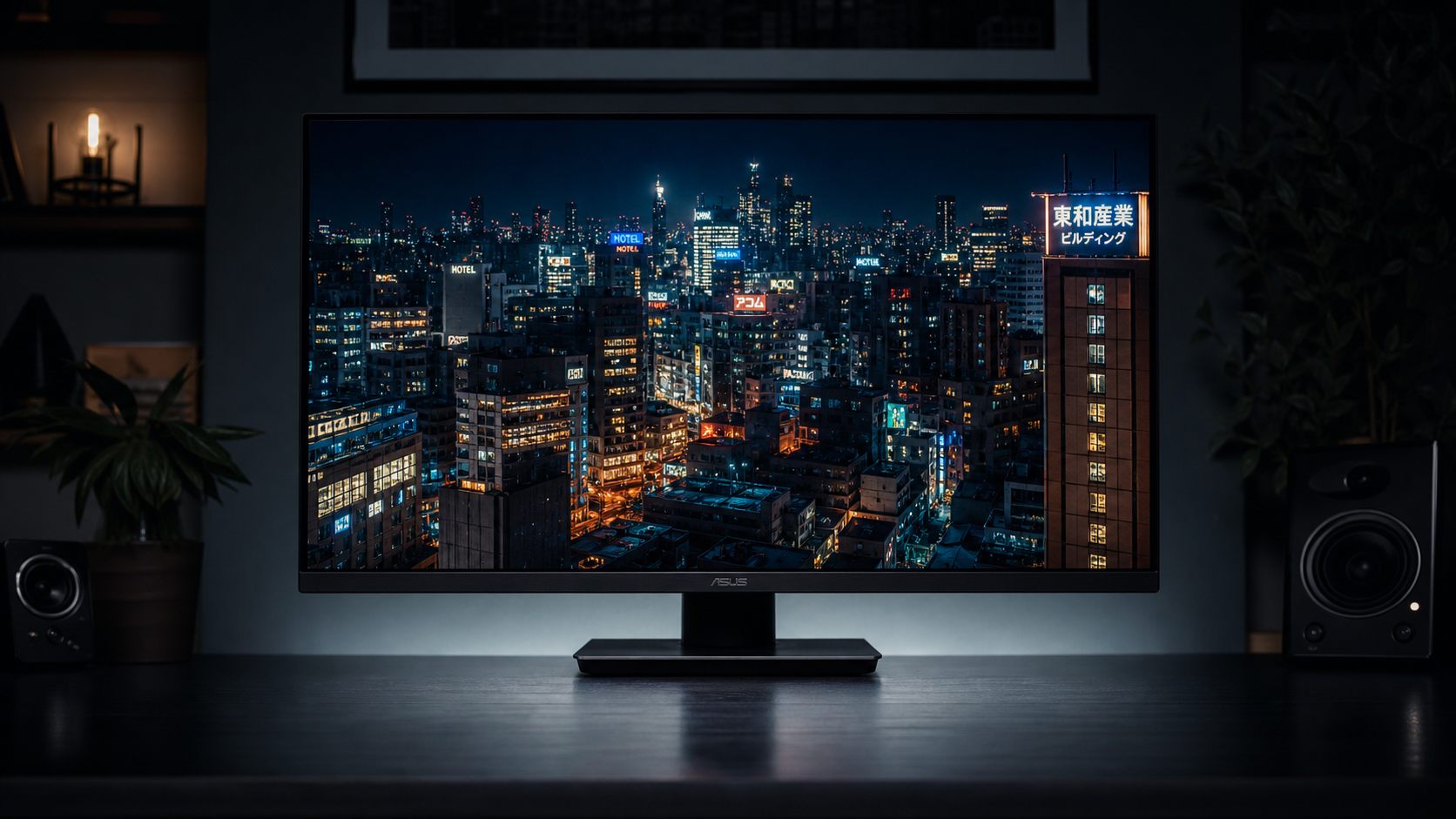 Gaming monitor displaying a high-contrast HDR city night scene, showing deep blacks alongside vivid neon highlights to illustrate real HDR performance