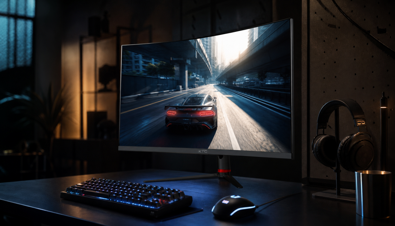 Gaming monitor displaying a high-contrast racing scene with deep shadows and bright highlights, illustrating how contrast ratio creates perceived depth