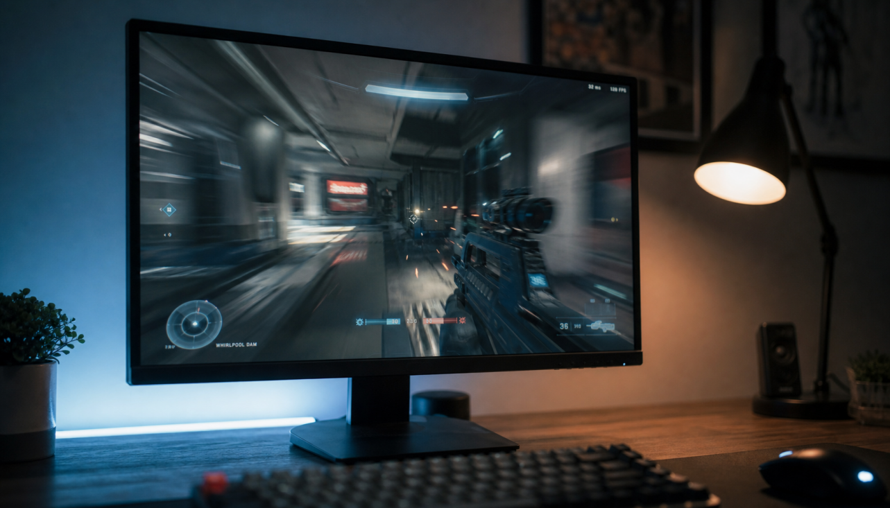 Gaming monitor displaying a high frame rate shooter, illustrating Adaptive Sync behavior near the refresh rate ceiling