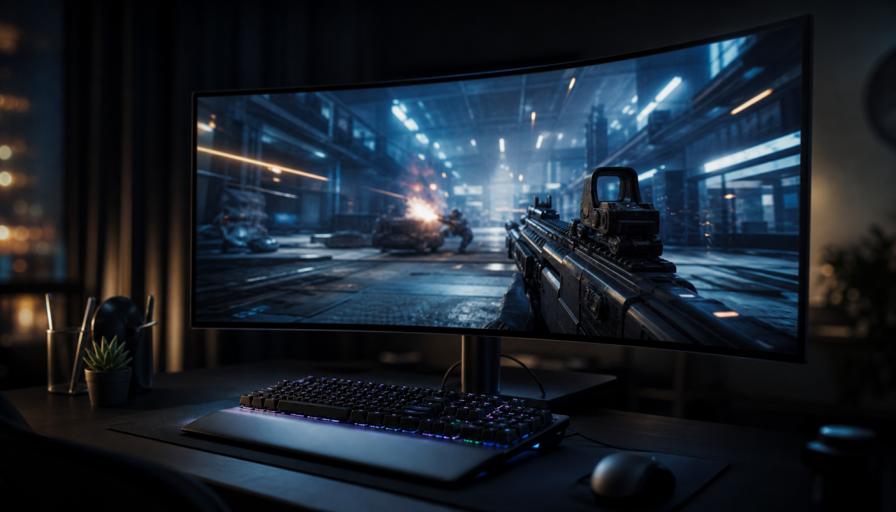 Gaming monitor displaying a high-refresh-rate game at night, illustrating the difference between 240Hz and 144Hz refresh rates