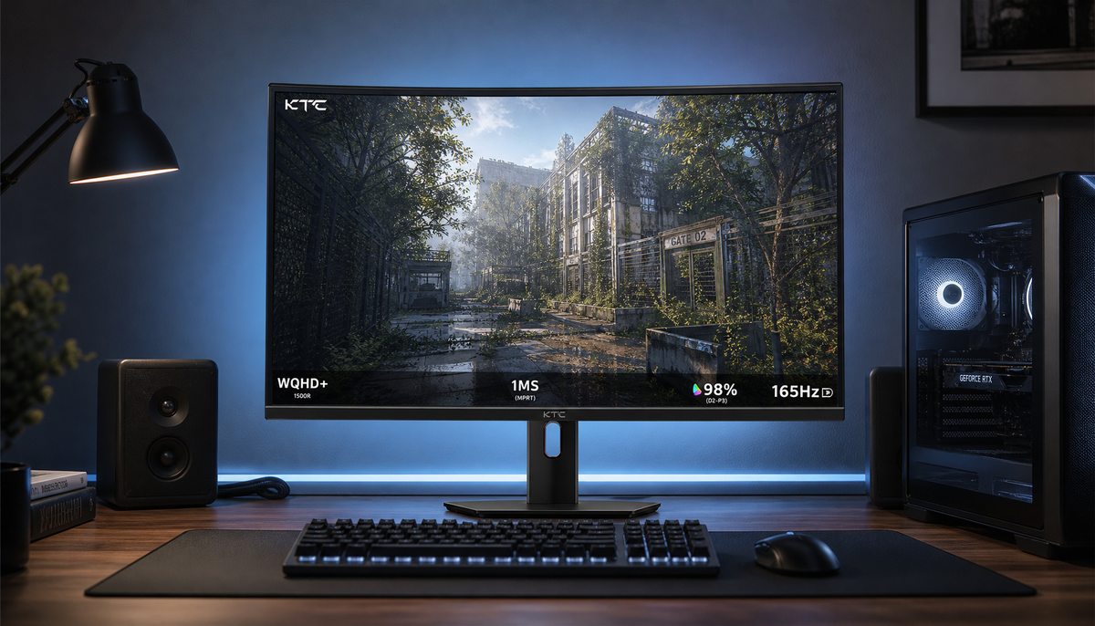 Gaming monitor displaying a highly detailed game scene, demonstrating the visual clarity achieved by rendering at 1440p and downscaling to 1080p