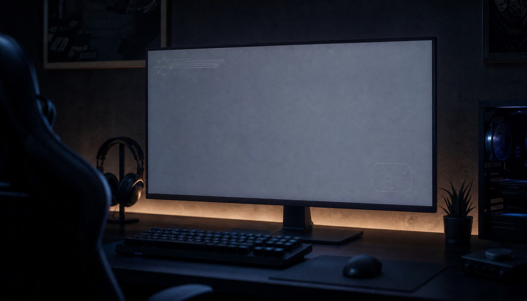 Gaming monitor displaying a mid-gray test screen with a faint HUD afterimage visible after a long gaming session