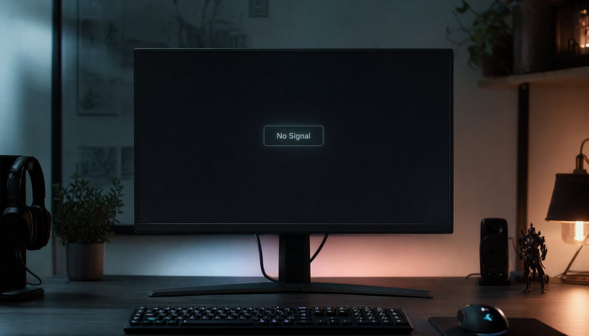 Gaming monitor displaying a no signal message on a modern desk setup with visible display cables