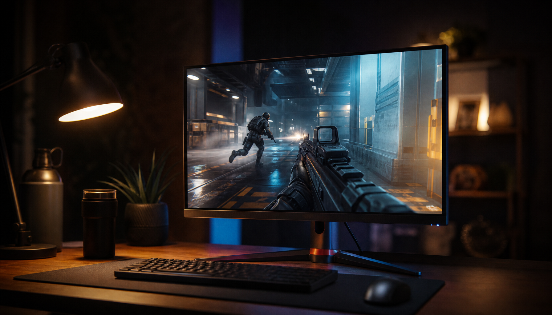 Gaming monitor displaying a sharp FPS game scene in a dark room, illustrating the tension between monitor-side motion blur reduction and in-game post-processing blur
