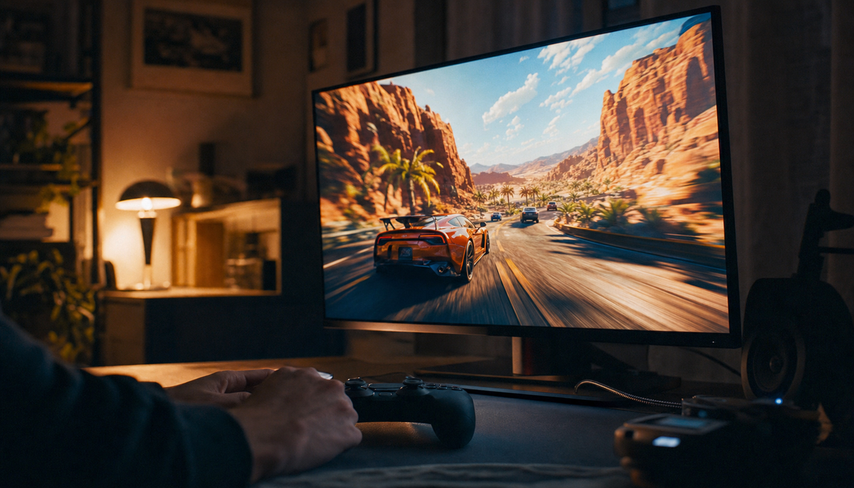 Gaming monitor displaying a vivid outdoor desert racing scene with rich colors in a dimly lit bedroom setup
