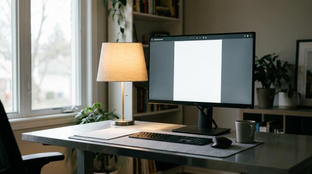 Gaming monitor displaying a white document beside a sheet of paper for brightness comparison in a softly lit home office