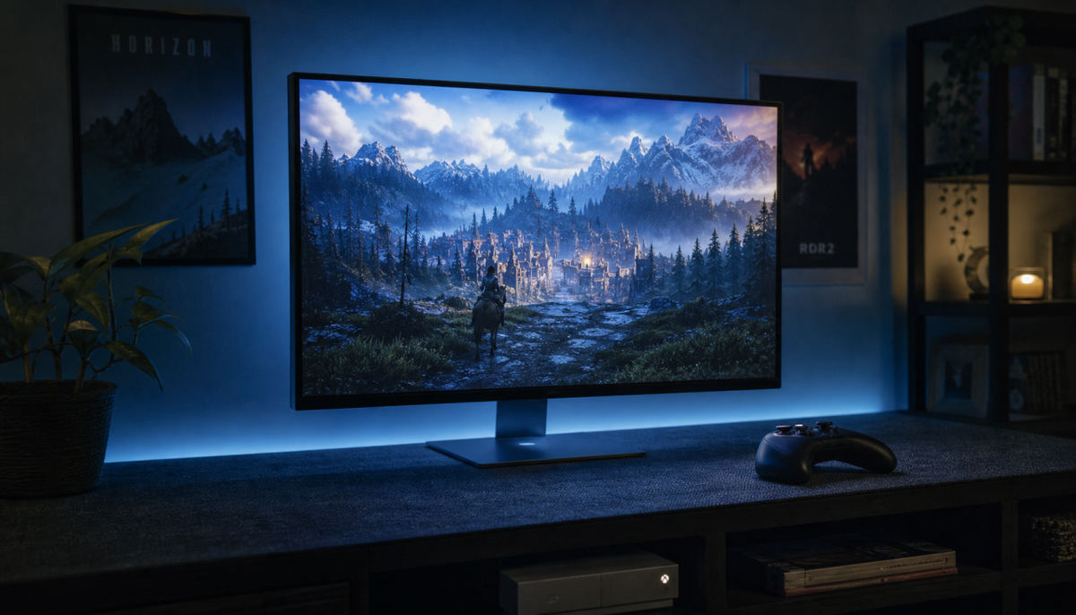 Gaming monitor displaying an HDR scene at night with a console setup on a dark desk, illustrating how HDR affects the gaming display environment