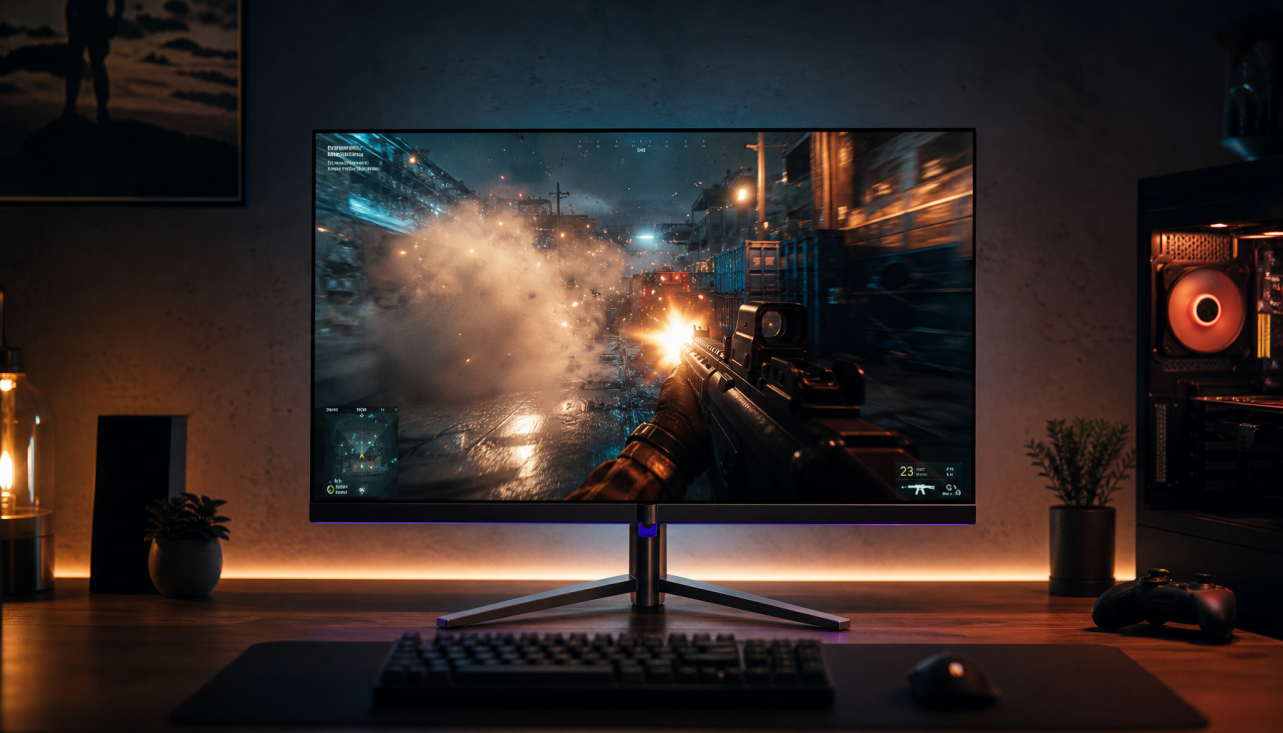 Gaming monitor displaying an in-game smoke explosion with particle effects, illustrating motion blur reduction and temporal artifact tradeoffs