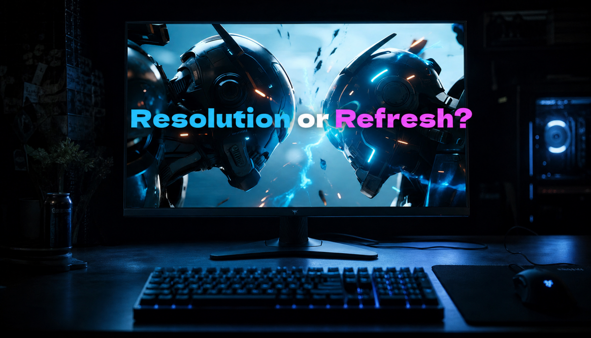 Gaming monitor displaying fast-action content on a dark desk, illustrating the relationship between refresh rate and display performance