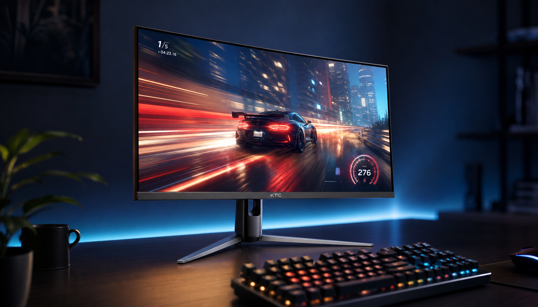 Gaming monitor displaying fast-motion content in a dark room setup, illustrating how high refresh rate affects screen performance