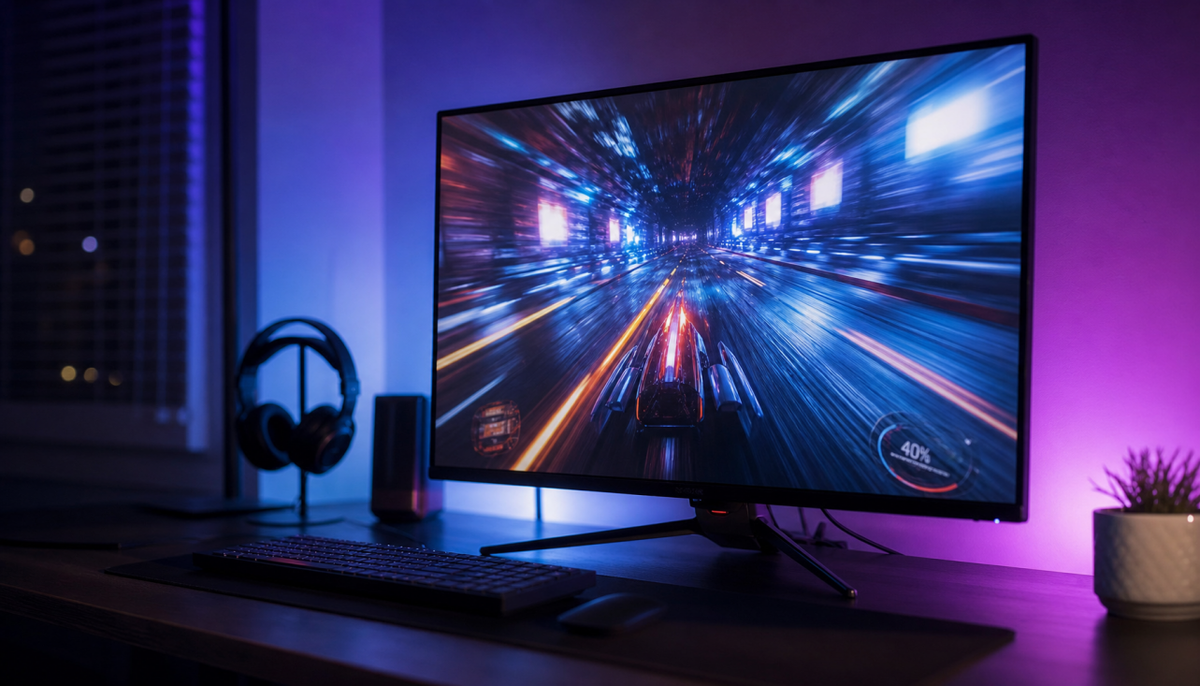 Gaming monitor displaying fast motion content to illustrate response time and refresh rate performance