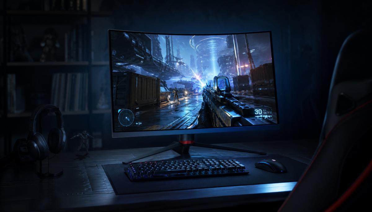 Gaming monitor displaying fast-paced FPS content in a dim room, showing the conditions where refresh rate mismatch causes screen tearing