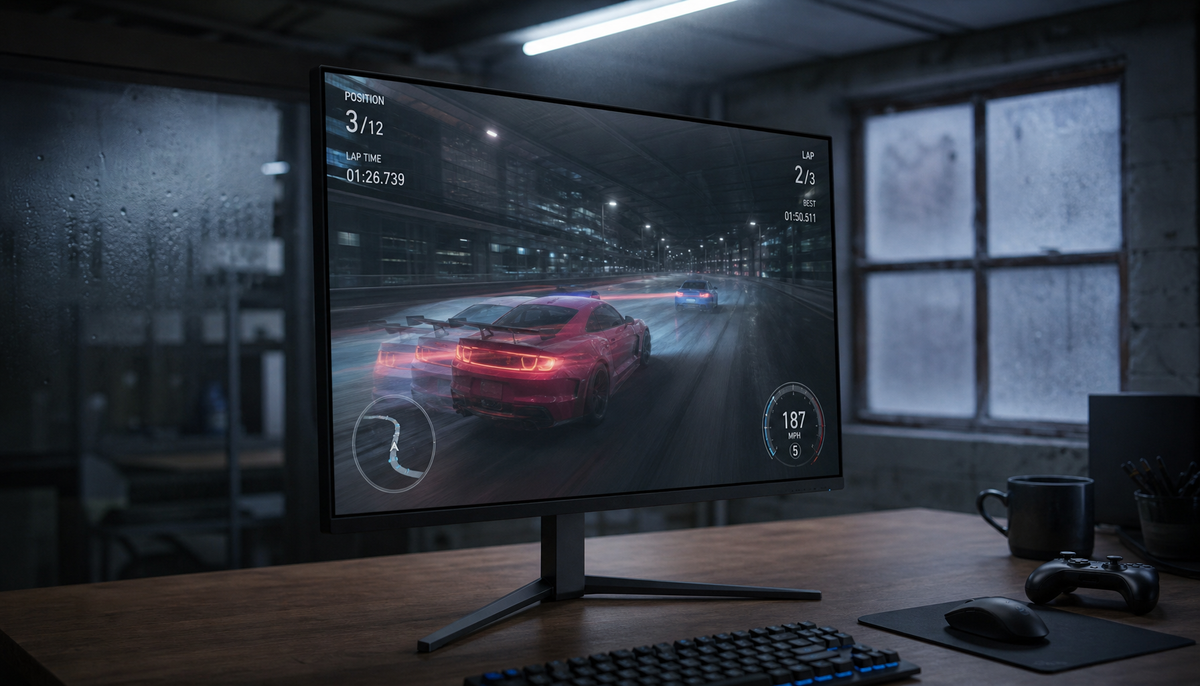 Gaming monitor displaying ghosting artifacts in a cold room, showing how low temperature slows LCD response time