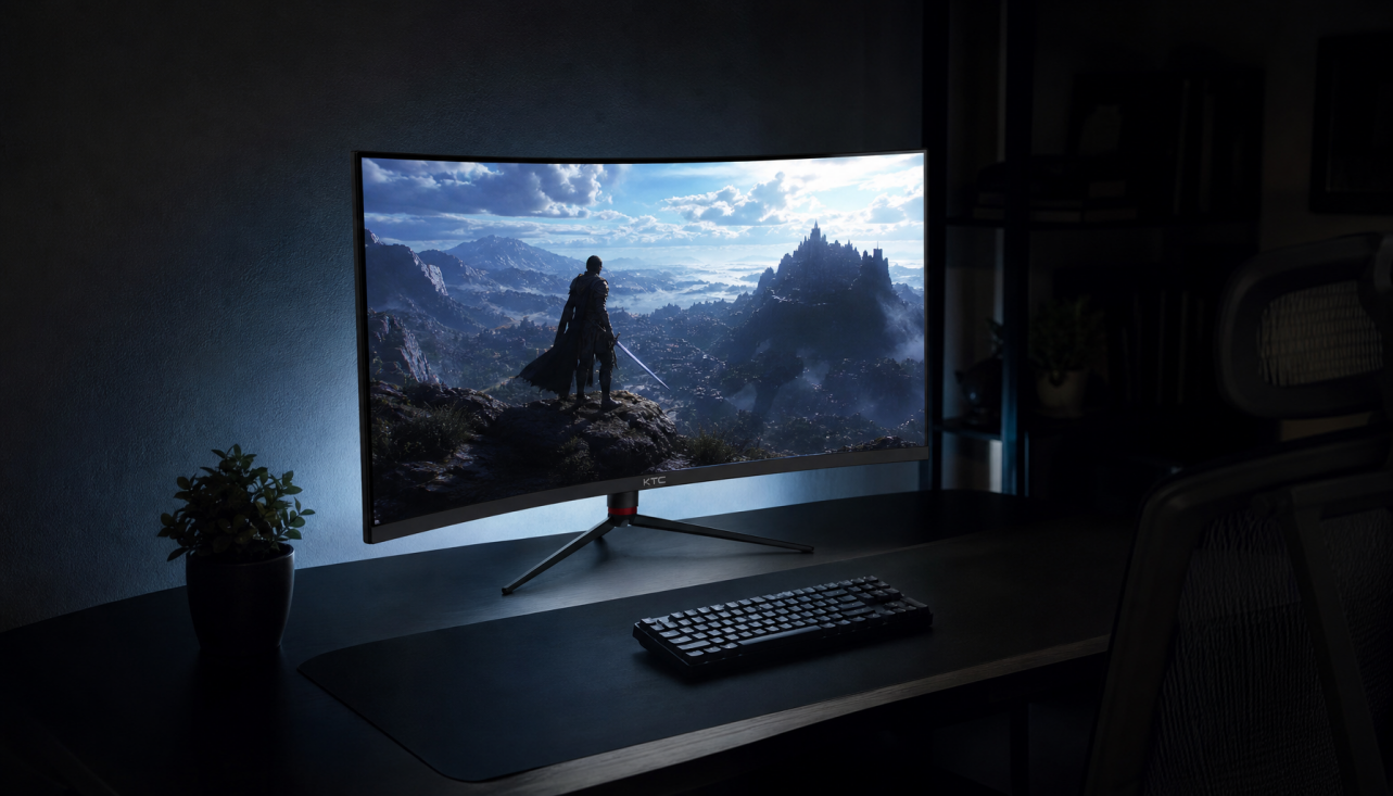 Gaming monitor displaying high-contrast HDR content in a dim room, illustrating the relationship between display brightness and perceived contrast ratio
