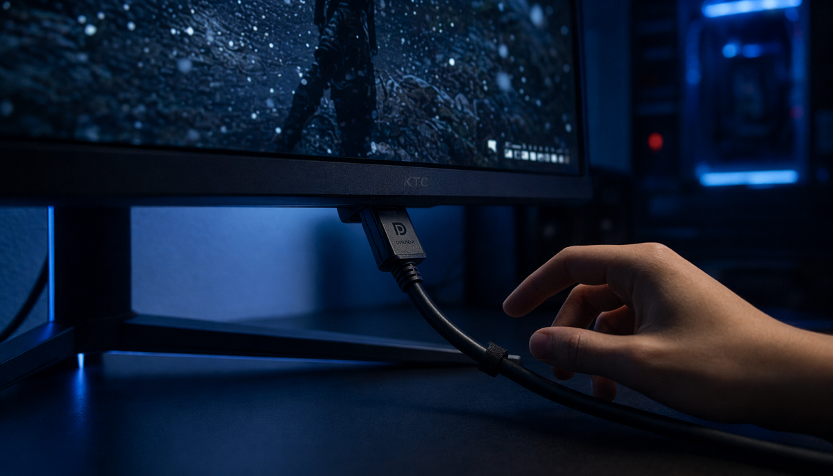 Gaming monitor displaying sparkles and snow artifacts caused by a faulty video cable connection