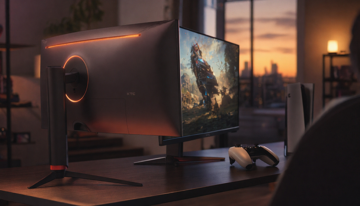 Gaming monitor glowing in a dark room with warm light visible near the top vents during console gaming