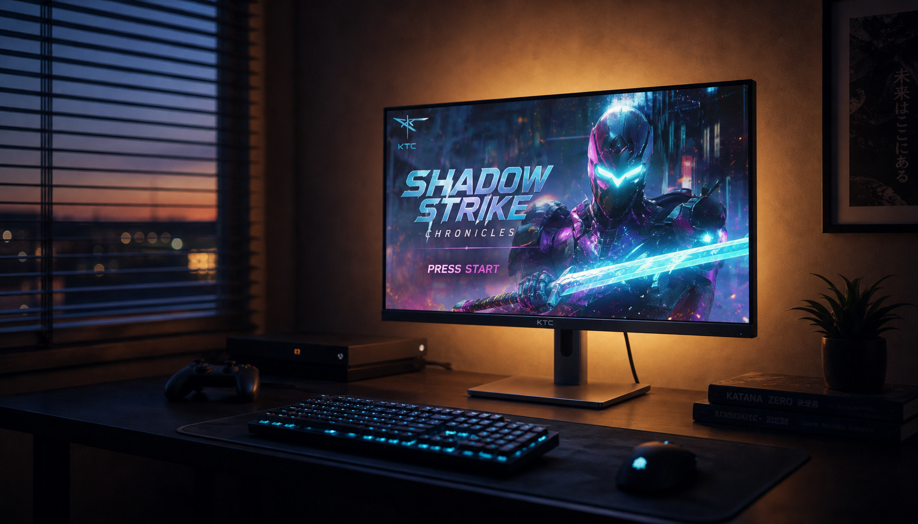 Gaming monitor glowing on a desk with HDMI cable connected to a console, showing a typical gaming setup that relies on HDMI CEC for automatic wake and input switching