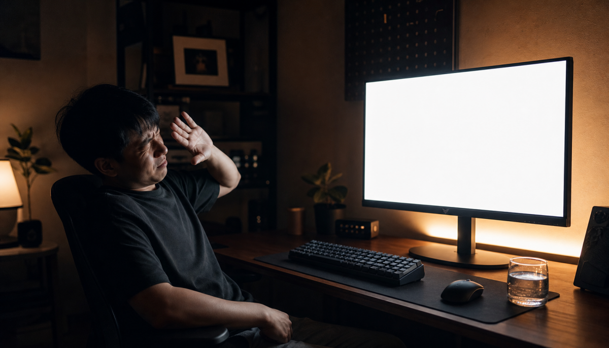 Gaming monitor glowing too bright in a dark room, user squinting from eye strain